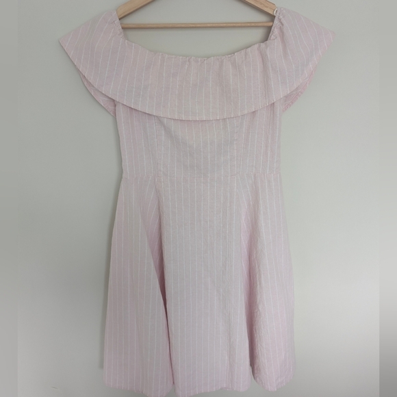Saks Fifth Avenue Womens Size12 Linen Blend Dress Pink White Stripe Off Shoulder - Picture 5 of 8